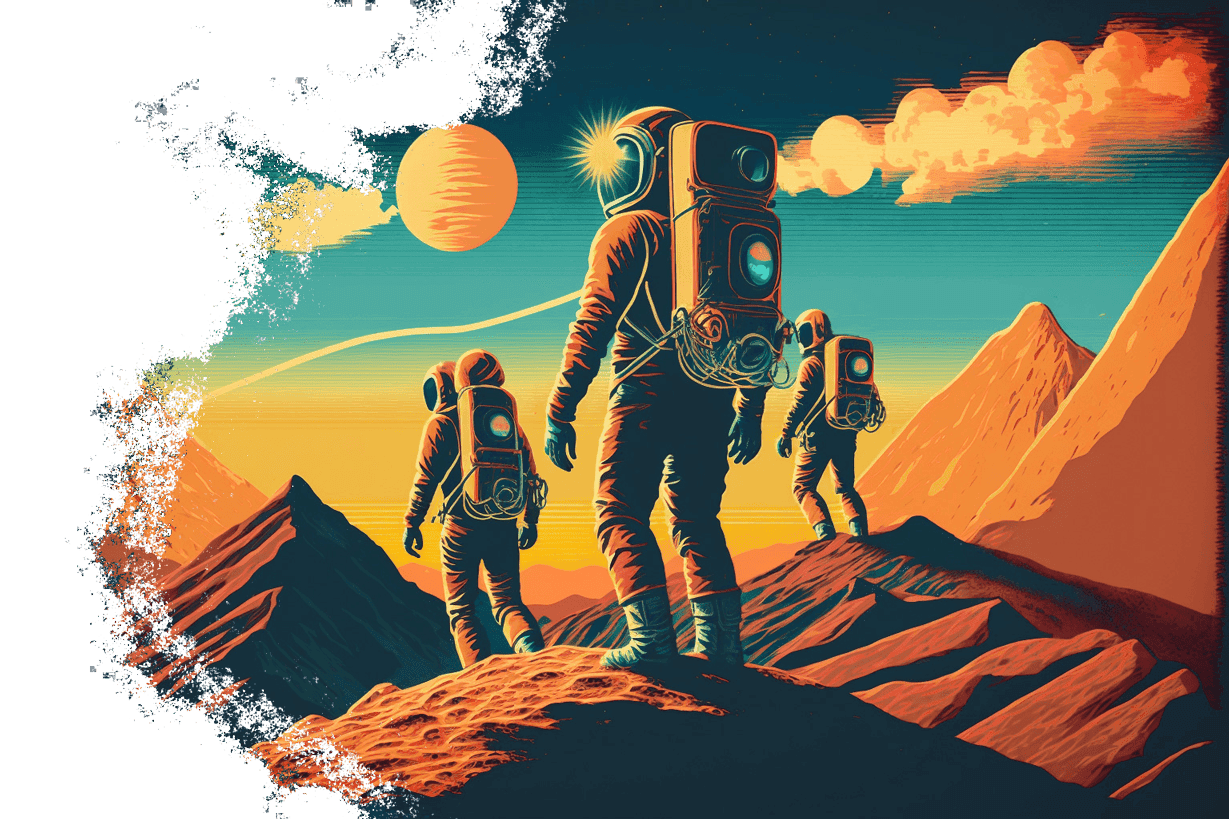 Illustration d'une équipe d'astronautes sur une planète déserte, faite par l'Agence The Missing One